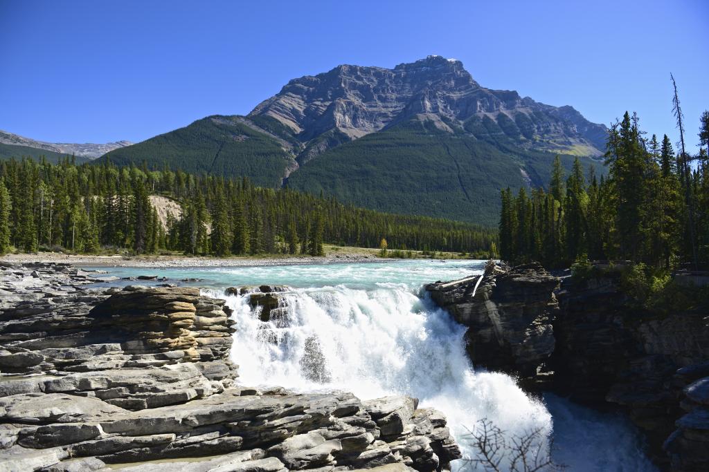 在加拿大贾斯珀国家公园的山和瀑布的视图