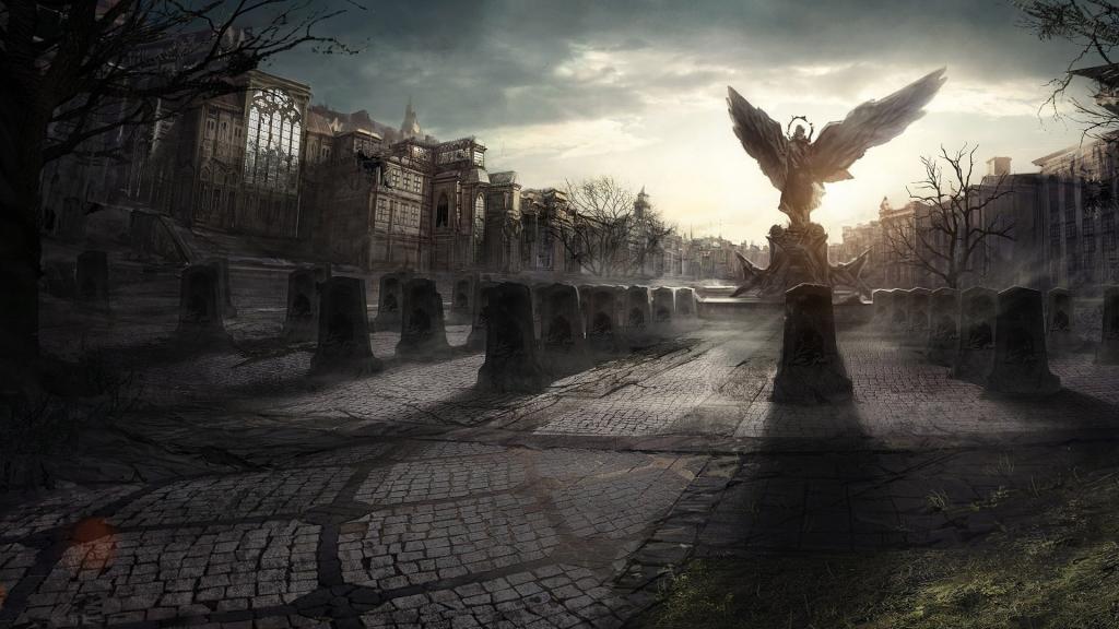 一个天使在一个被毁的城市的雕像