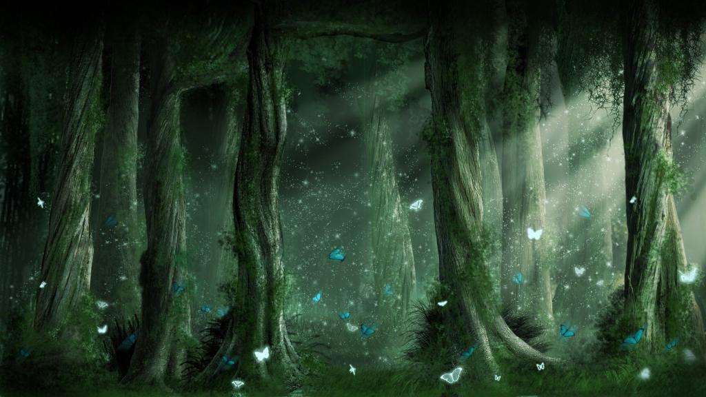 蓝色的蝴蝶在一个神奇的森林里
