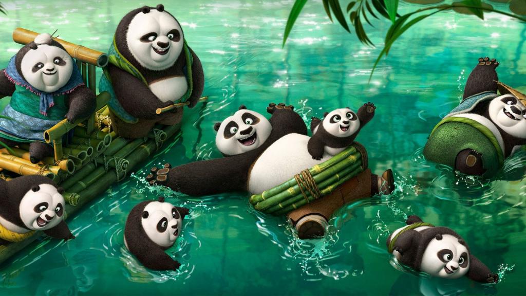 熊猫在水中嬉戏，卡通功夫熊猫