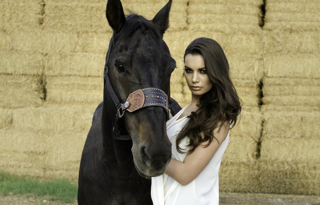 美丽的黑发女孩，一匹黑马