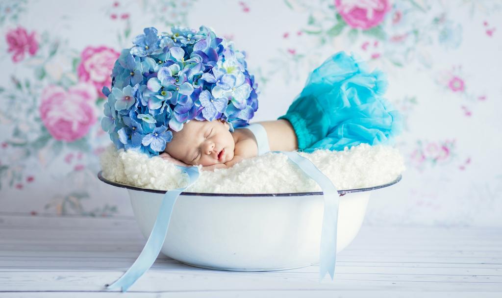 一个小婴儿正睡在一个头上绣着绣球花帽的碗里