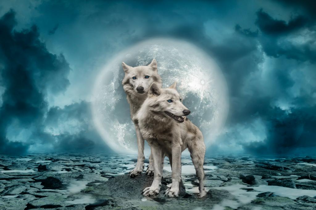 两只白狼在天空背景下的一个大月亮