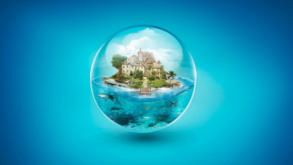 在蓝色背景3d图形上的透明碗岛上的房子