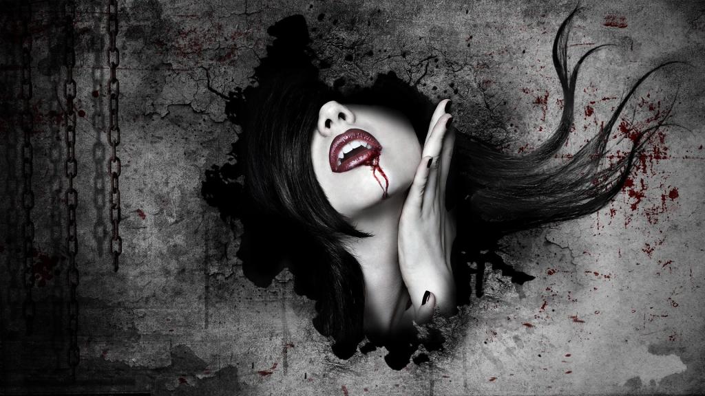 吸血鬼女孩的嘴唇上的血液