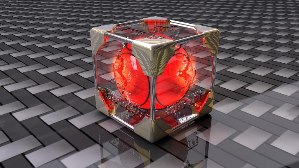 红色的球在玻璃立方体3D图形