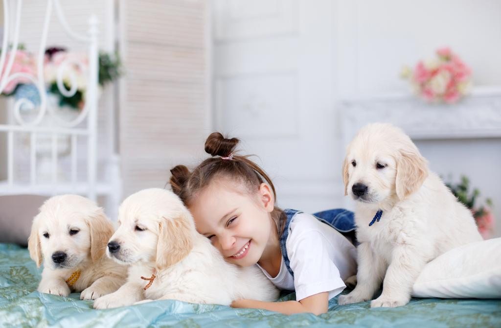 小微笑的女孩躺在小猎犬的小狗