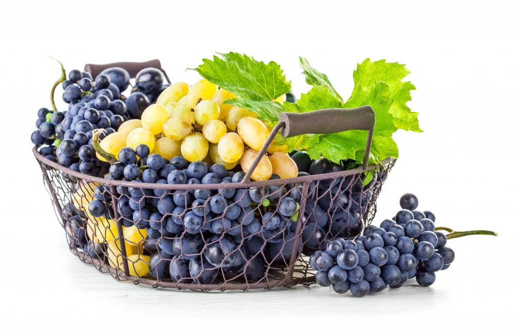 蓝色和白色的葡萄在白色背景上的篮子里