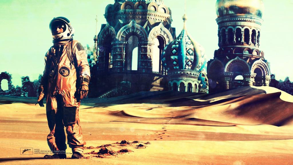 宇航员在沙漠中的一个被遗弃的寺庙