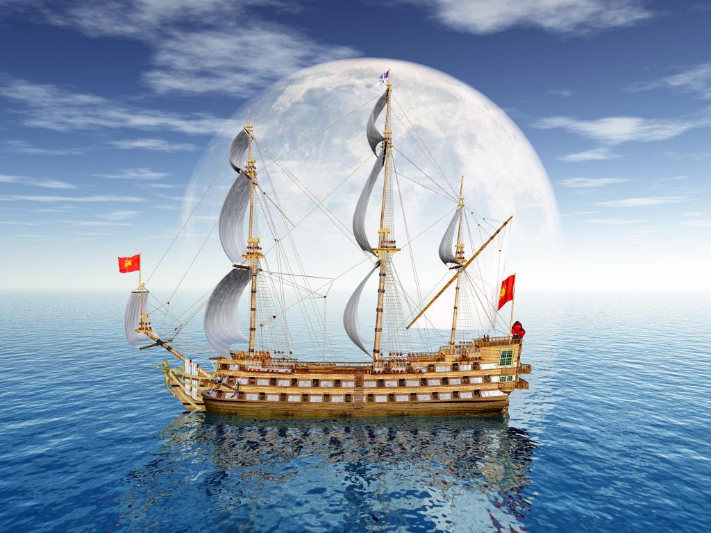 伟大的帆船在月亮的背景中海3D图形