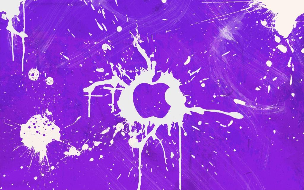 苹果公司徽标，溅在紫色的背景