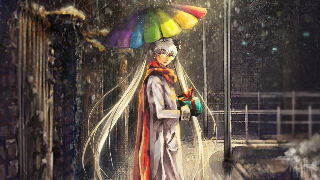一把彩色的伞的女孩