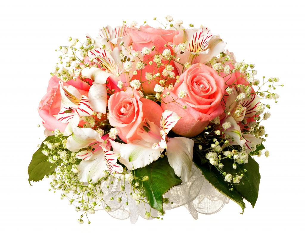 桃红色玫瑰花束与alstromeria在白色背景开花