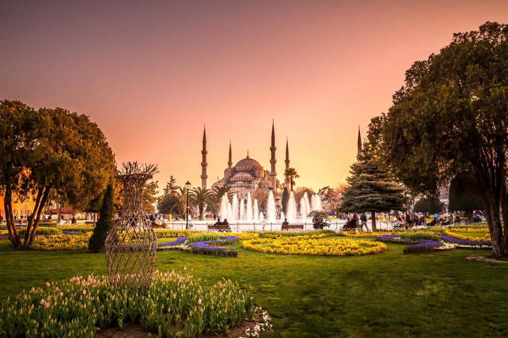 蓝色清真寺与美丽的奔跑喷泉，伊斯坦布尔。