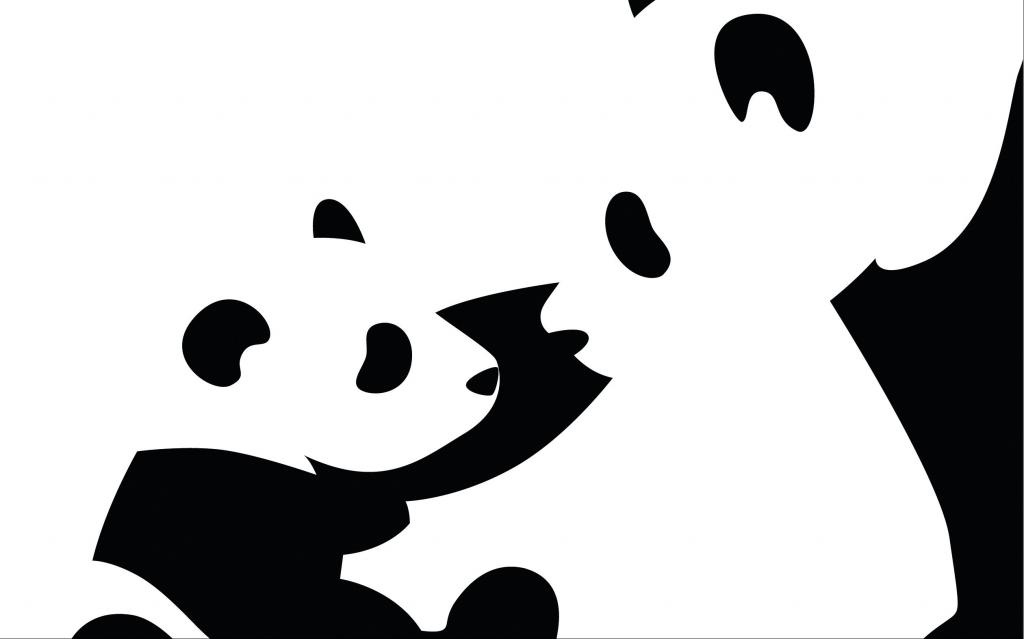 熊猫与幼崽，黑色和白色背景