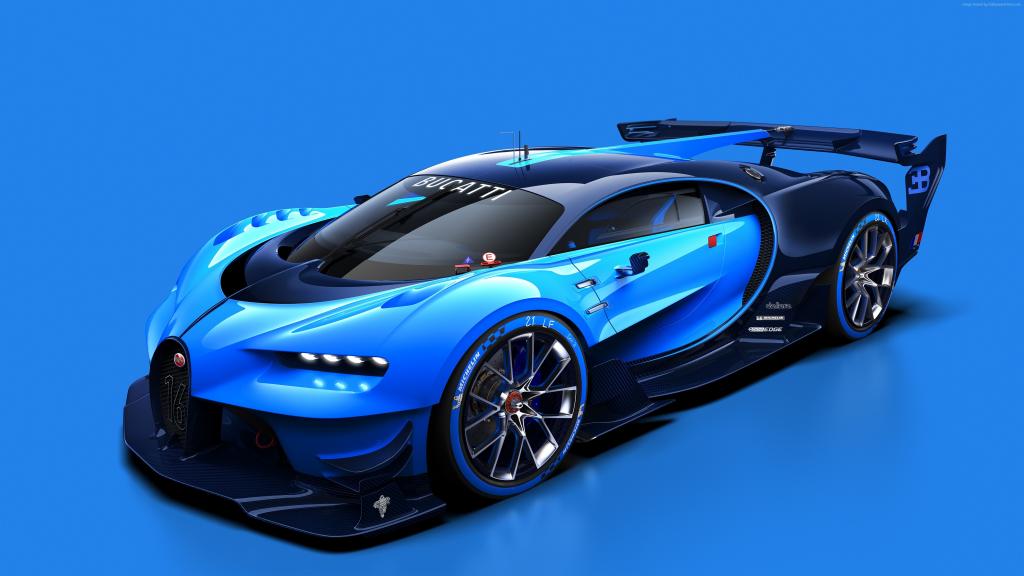 蓝色跑车在蓝色背景的布加迪视觉Gran赛车